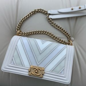 Chanel Chevron Medium Boy Bag in White / Off White